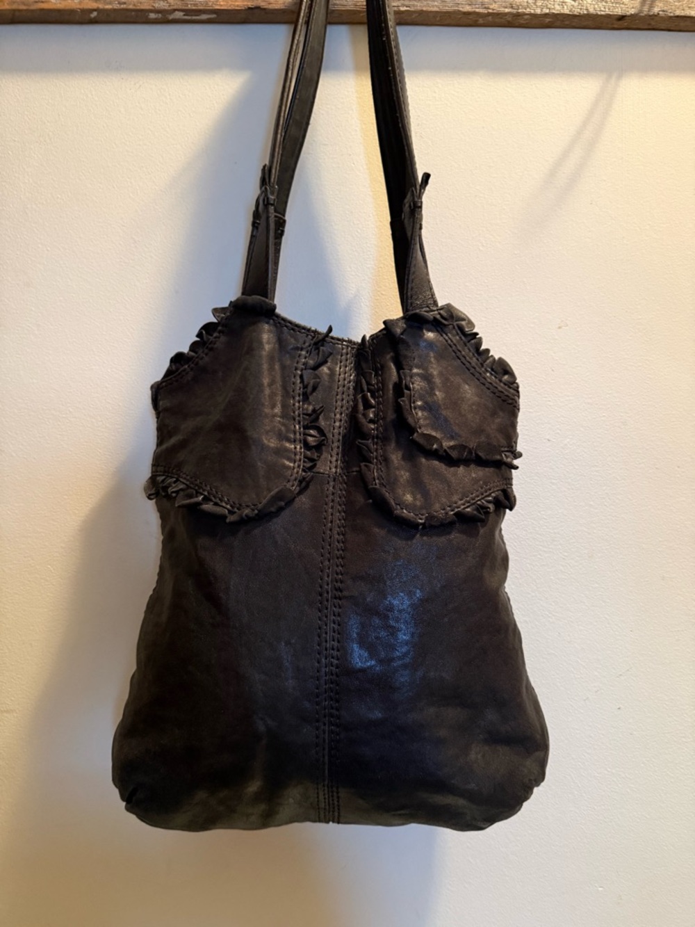 Lucky Brand  "ROCKEN RUFFLES"  Black Leather Shoulderbag/Tote   EUC  $179.00